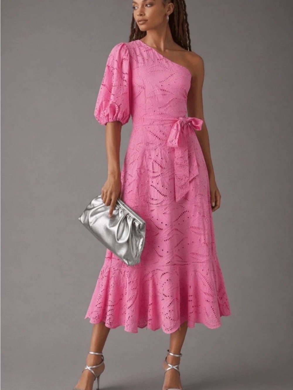 Gibson Latimer One-Shoulder Pink Eyelet Midi Dress